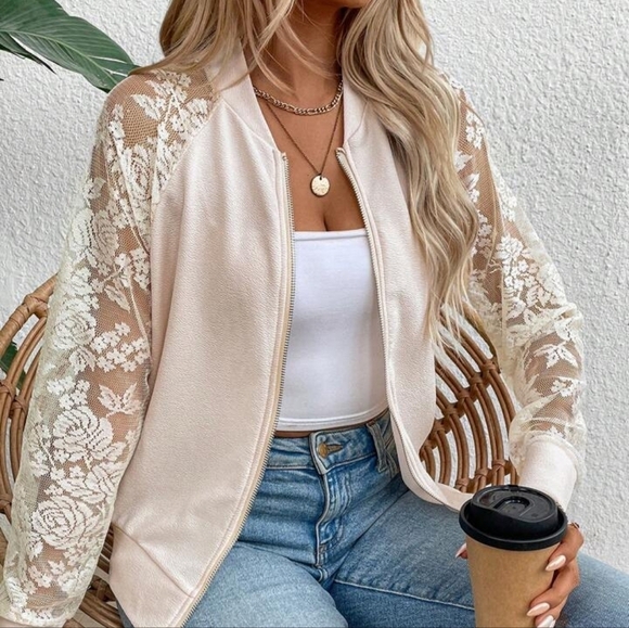 Jackets & Blazers - Women Floral Patchwork Mesh Insert Baggy Baseball Jacket